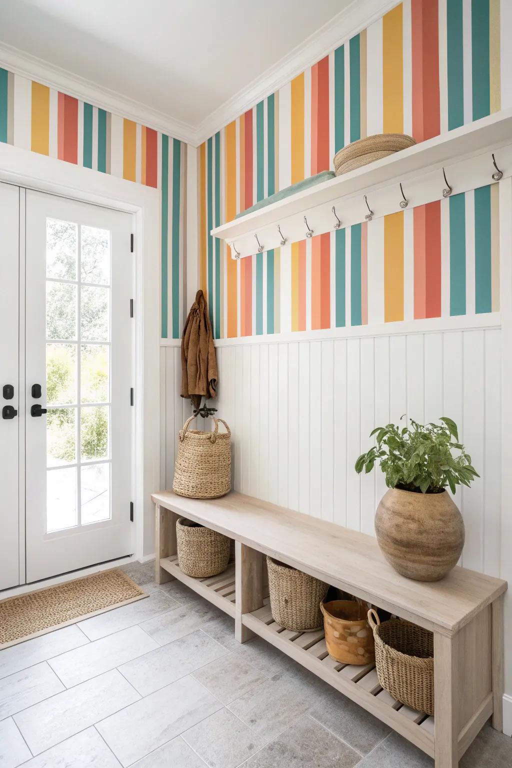 Brighten your mudroom with colorful stripes that energize and inspire.