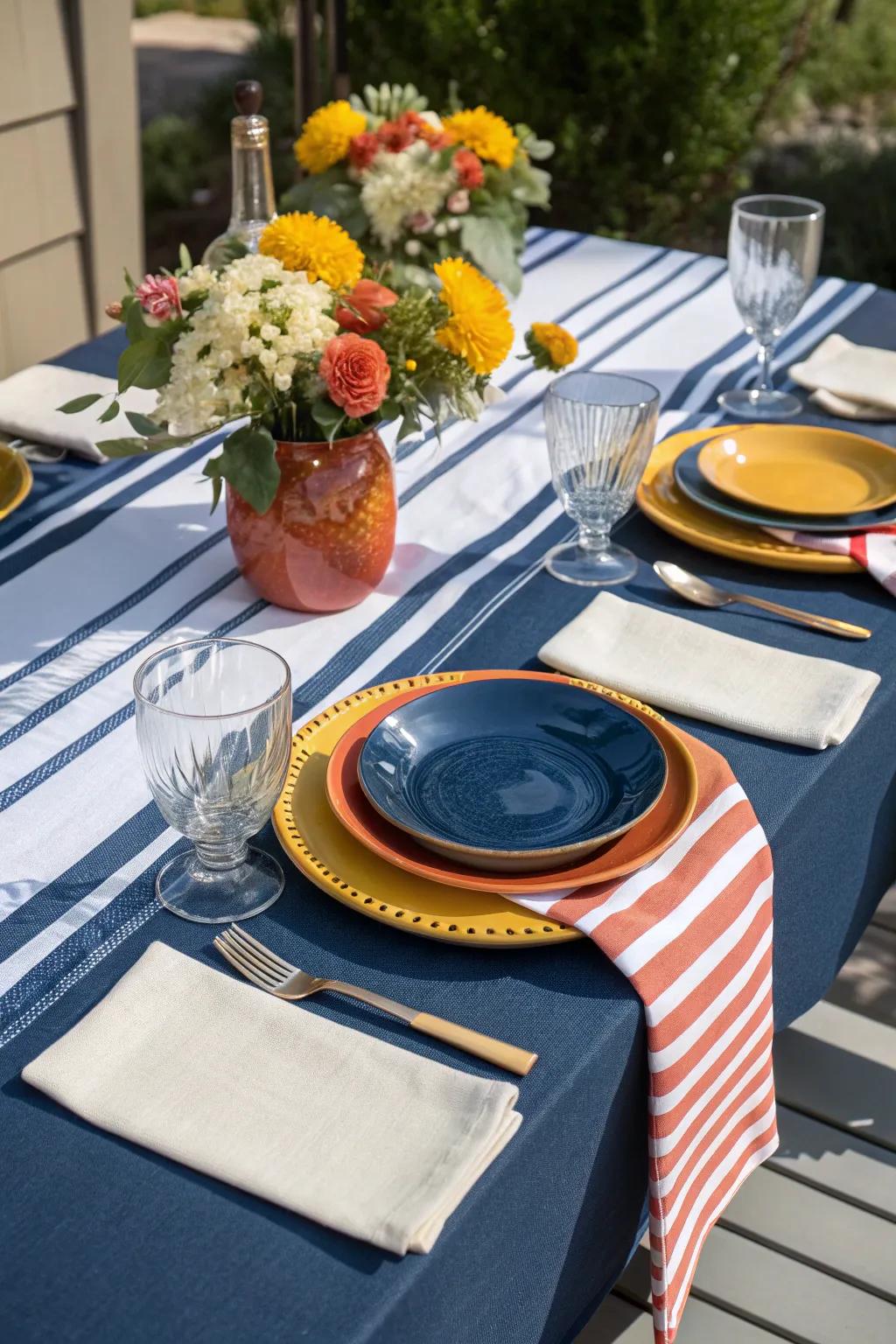 Nautical vibes with navy and stripes. ⚓ #NauticalStyle #NavyStripes #TableVibes