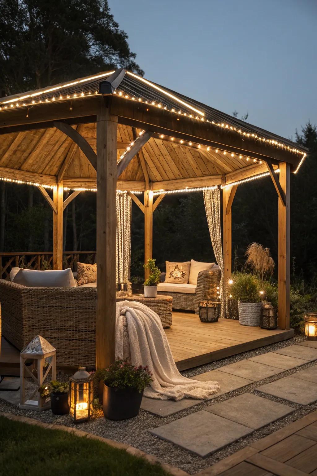 Create a glowing retreat in your gazebo. #GazeboGlow #OutdoorRetreat