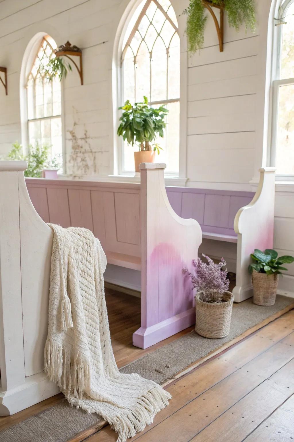 Add whimsy and wonder with an ombre church pew.