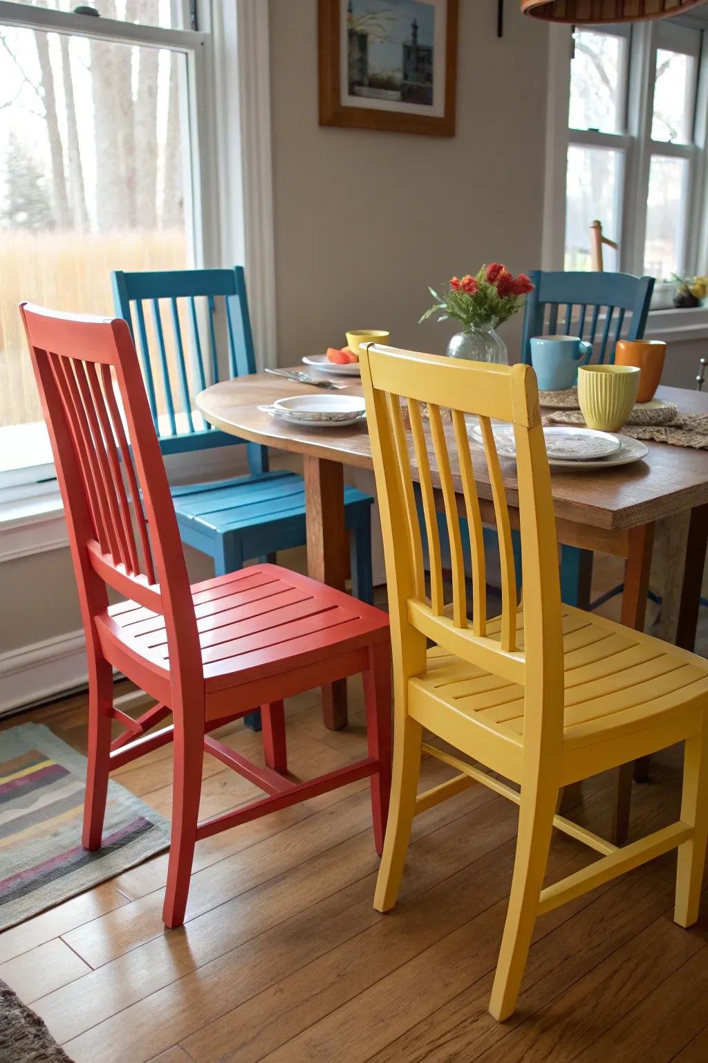 Color-blocked chairs add an artistic touch to your dining setup.
