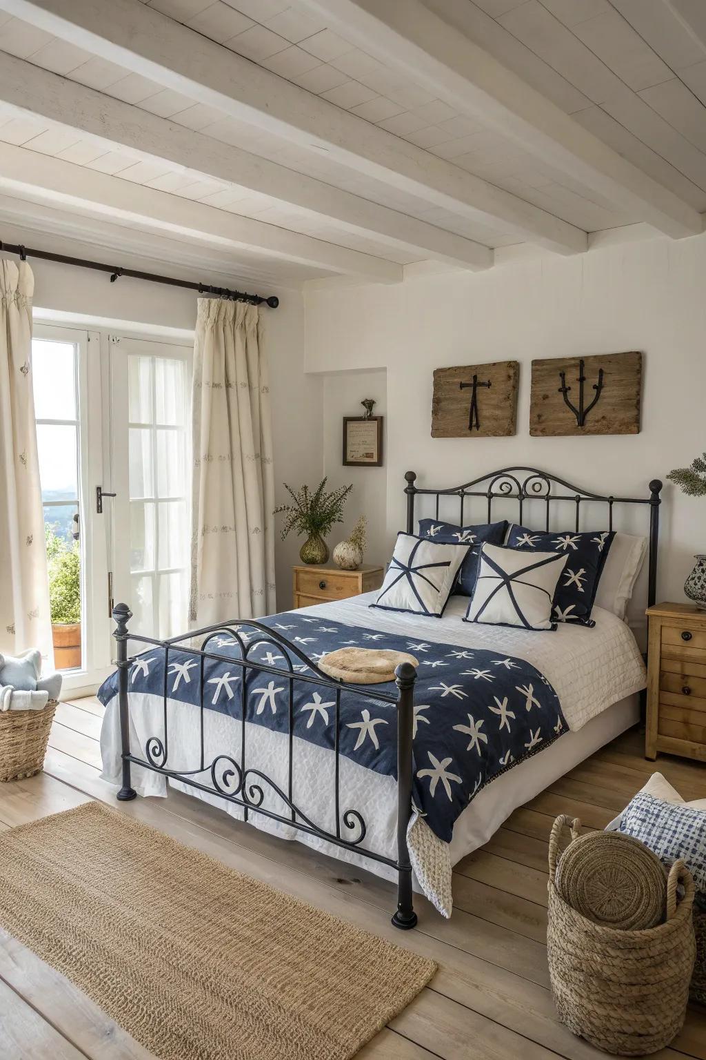 Sail away to serenity with coastal hues and nautical charm, where a wrought iron bed anchors your beachside escape.