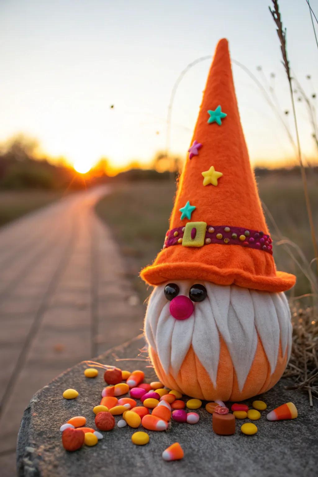 Indulge your sweet side with a gnome adorned with candy corn—perfect for Halloween fun.