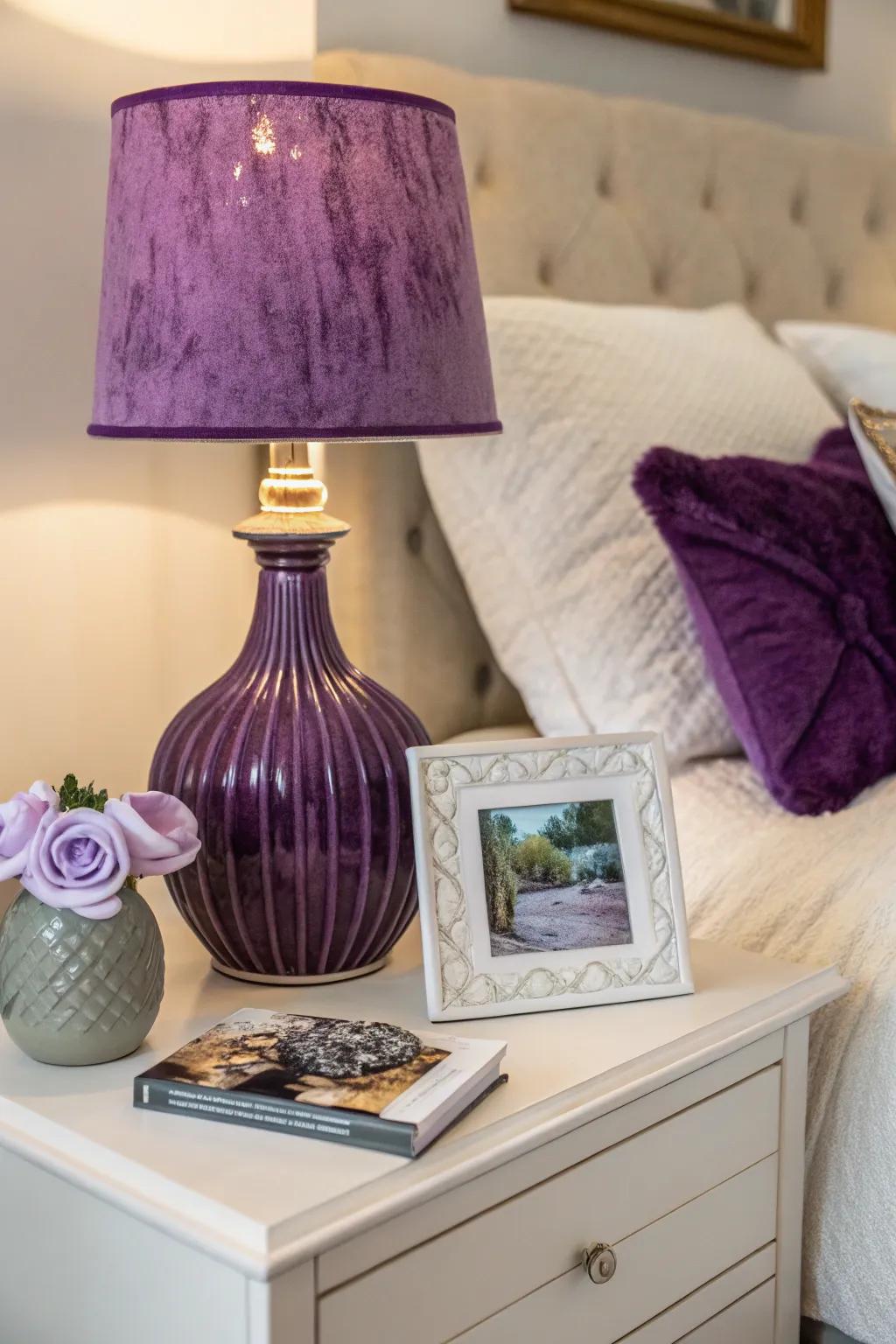 Purple and white accessories add the perfect finishing touch to your cohesive bedroom design. #DecorDetails #StyleYourSpace