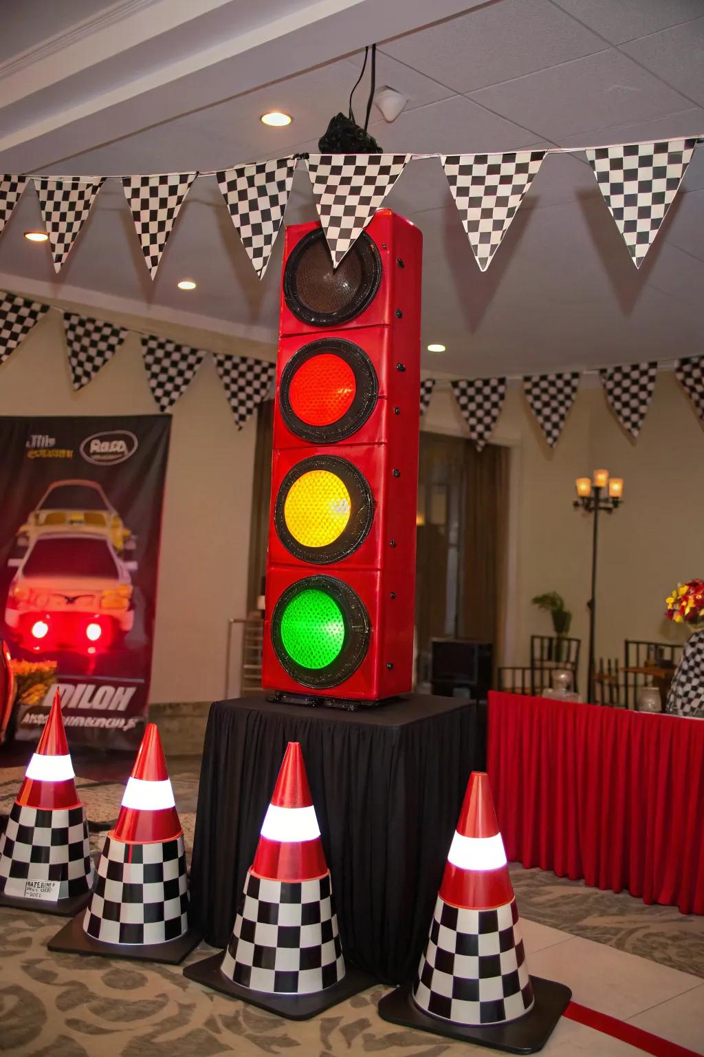 Traffic light decor adds a whimsical touch that guides guests and enhances the theme.
