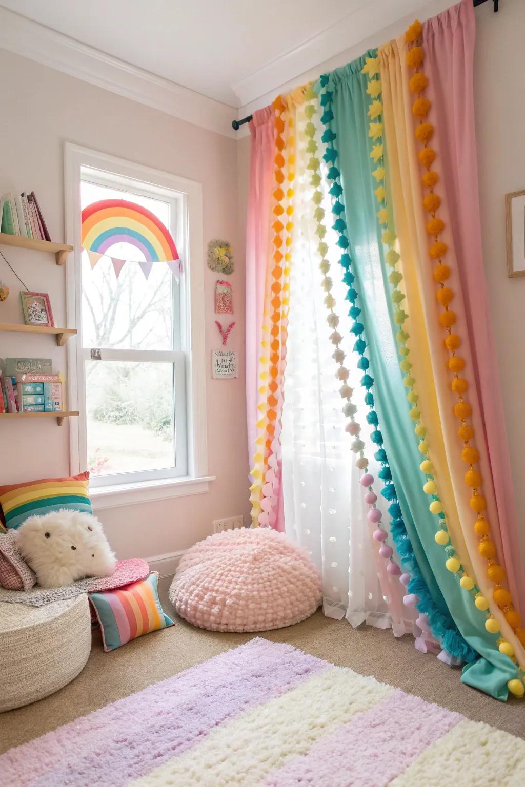 Rainbow pom pom curtains add a charming element to the room, filtering in light and color. 🌈 #WindowDecor #RoomInspiration
