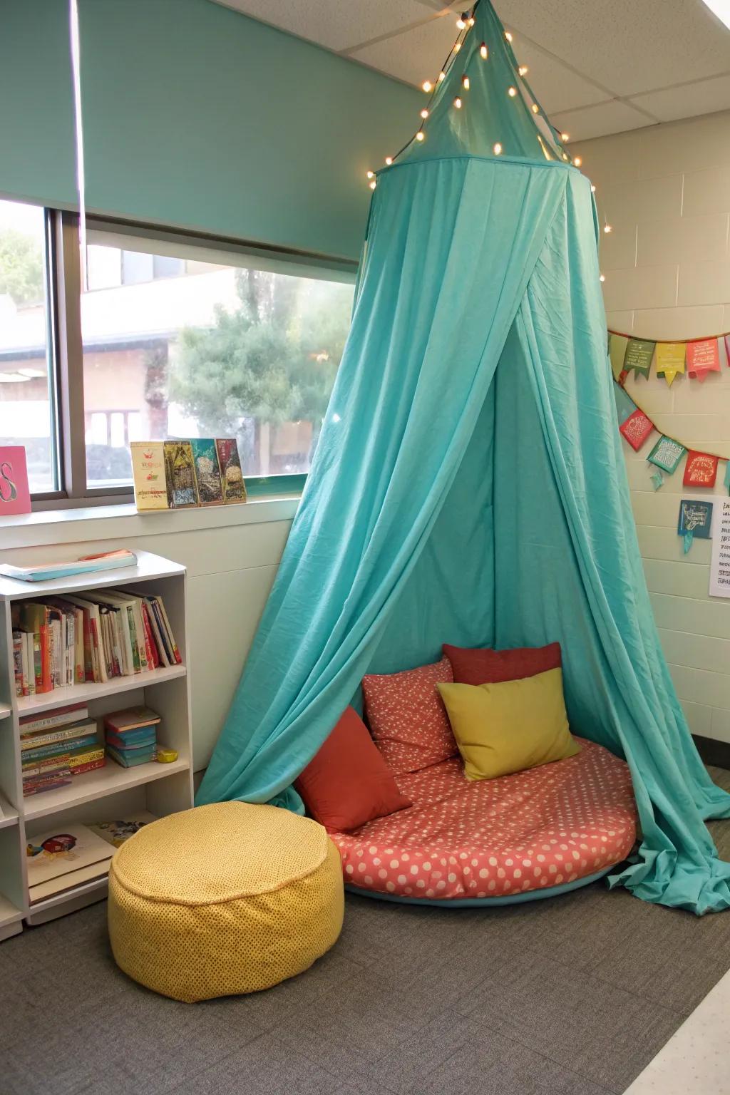 A canopy adds a touch of coziness to your reading nook. 🌿📚 #ClassroomDecor #CozyNook