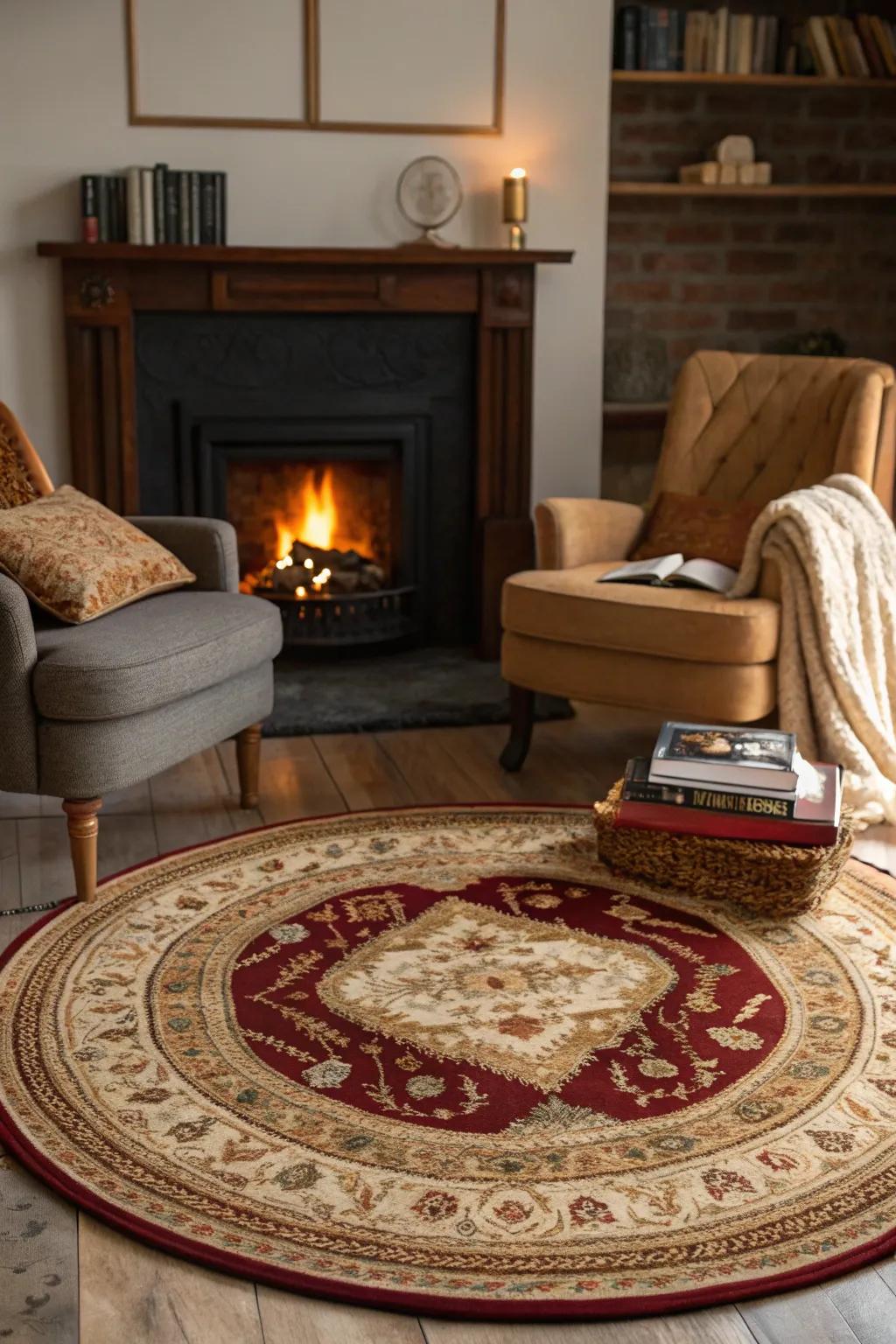 A round rug by the fireplace creates a warm, inviting gathering space. #FireplaceStyle #HomeCozy