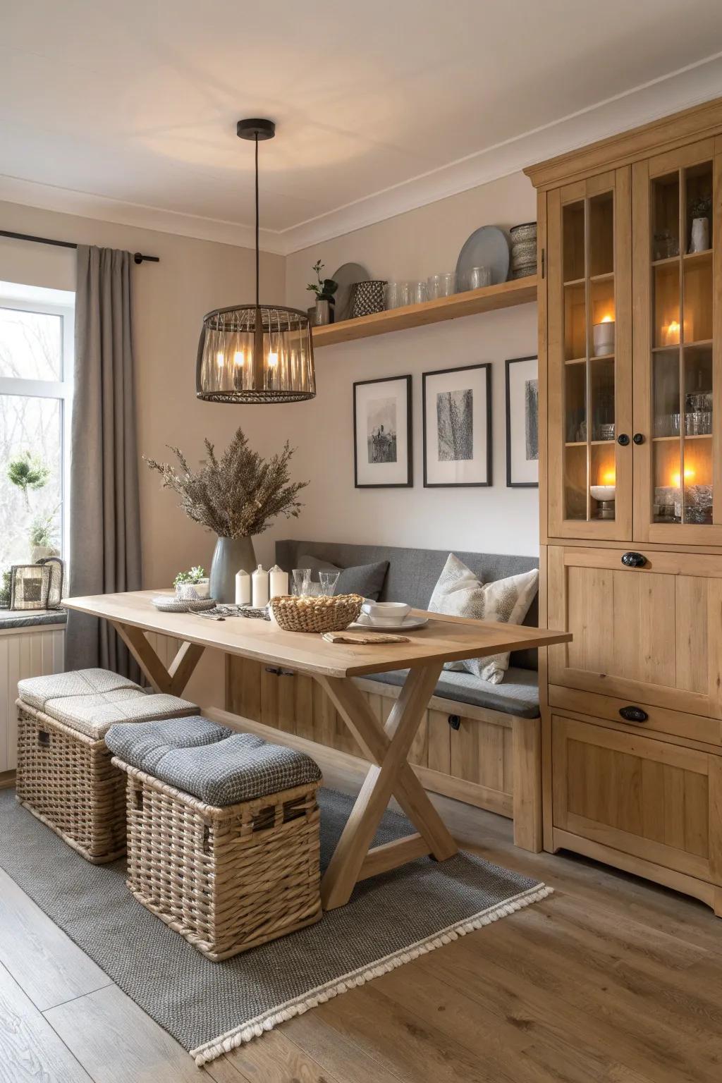 Smart furniture choices blend style with functionality in a Scandinavian dining room.