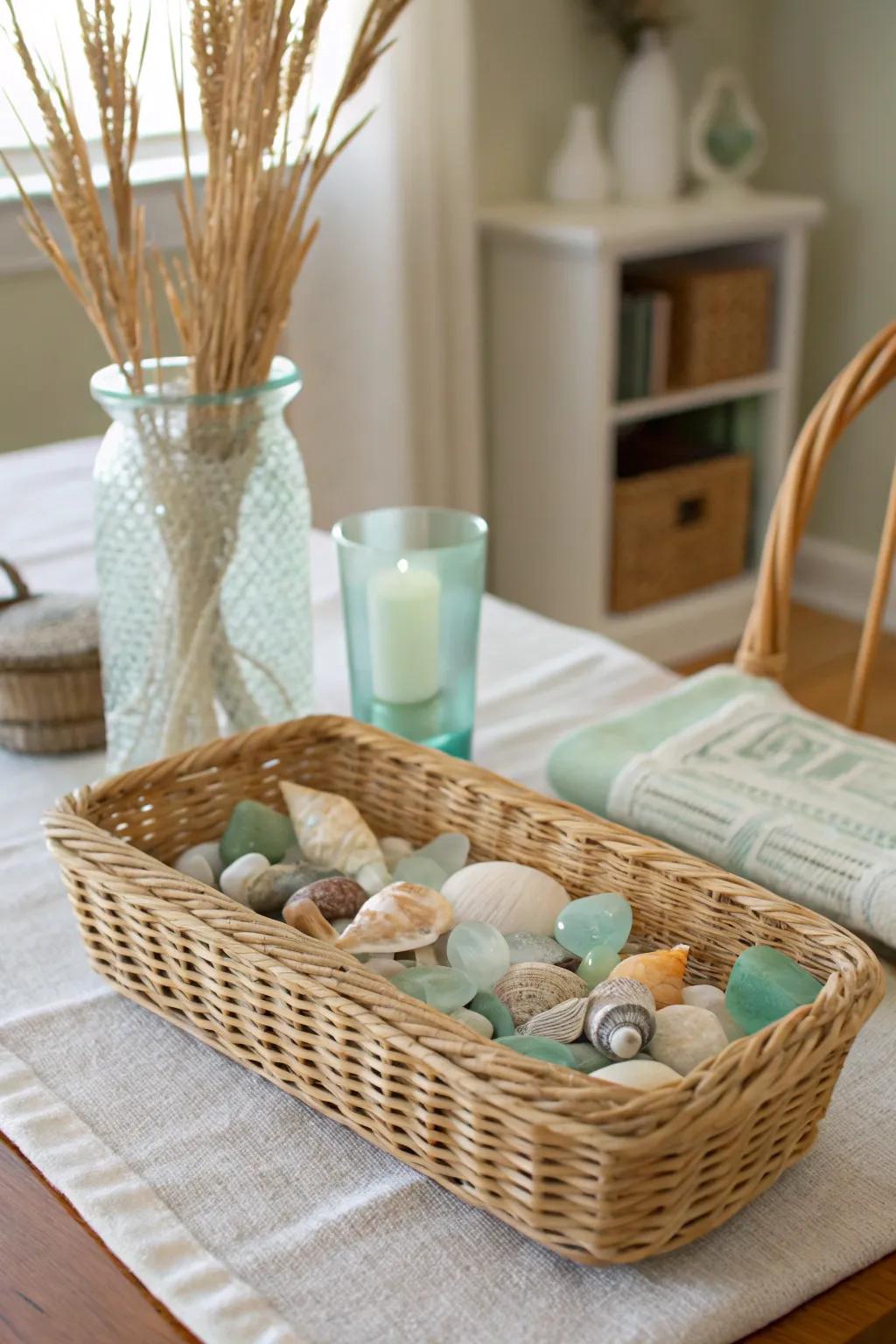 Charm your guests with a wicker basket filled with shells and sea glass, a rustic touch for any setting.