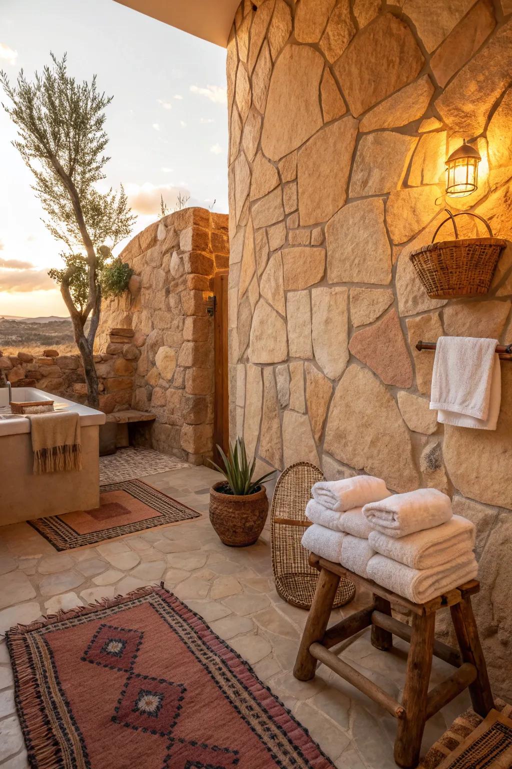 A stone feature wall transforms your bathroom with natural beauty and texture. #FeatureWall #SouthwesternStyle