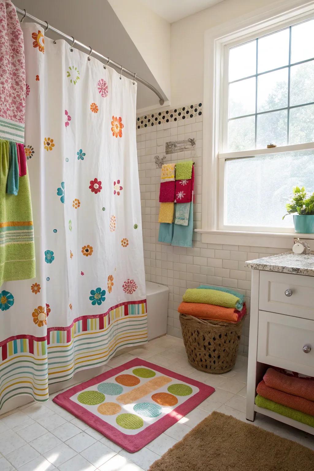 Make a splash with a quirky shower curtain for a playful and personalized bathroom! #ShowerStyle #BathroomFun