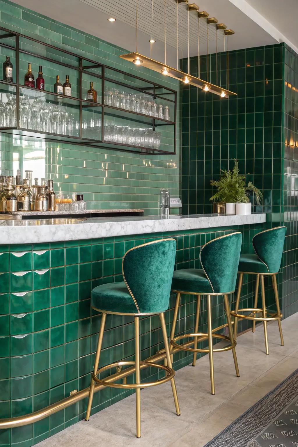 ✨ Embrace modern glamour with glossy tiles that brighten your bar with their reflective beauty. #ModernDesign #GlamorousSpaces