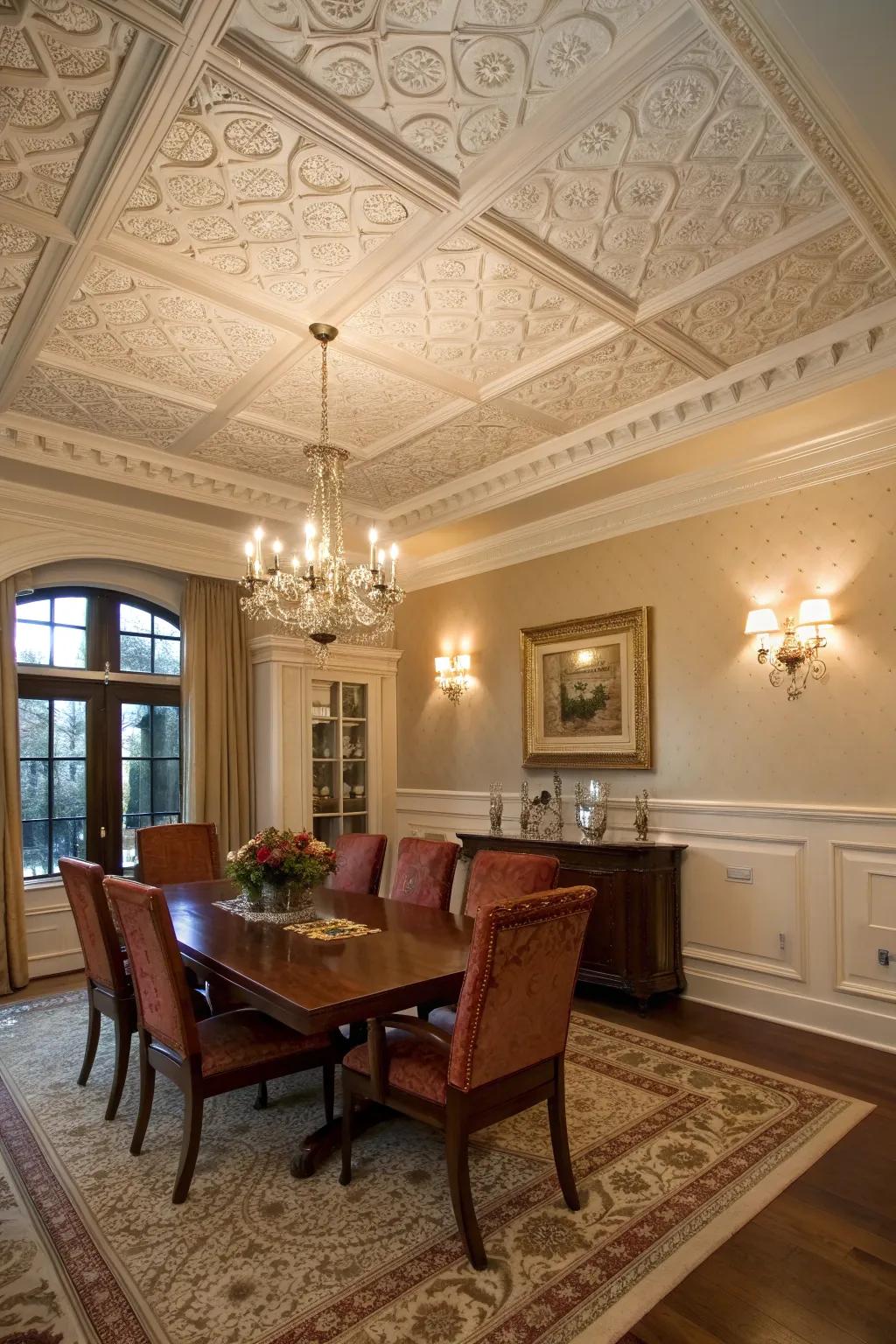 Elevate your dining experience with a wainscoting ceiling in the dining room.