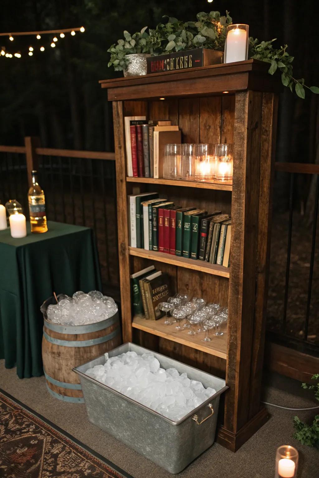 For book lovers, a repurposed bookshelf cooler adds charm and character to your wedding.