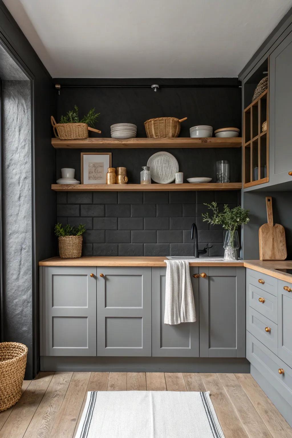 Embrace a moody atmosphere with charcoal walls that provide a striking backdrop for gray cabinets.