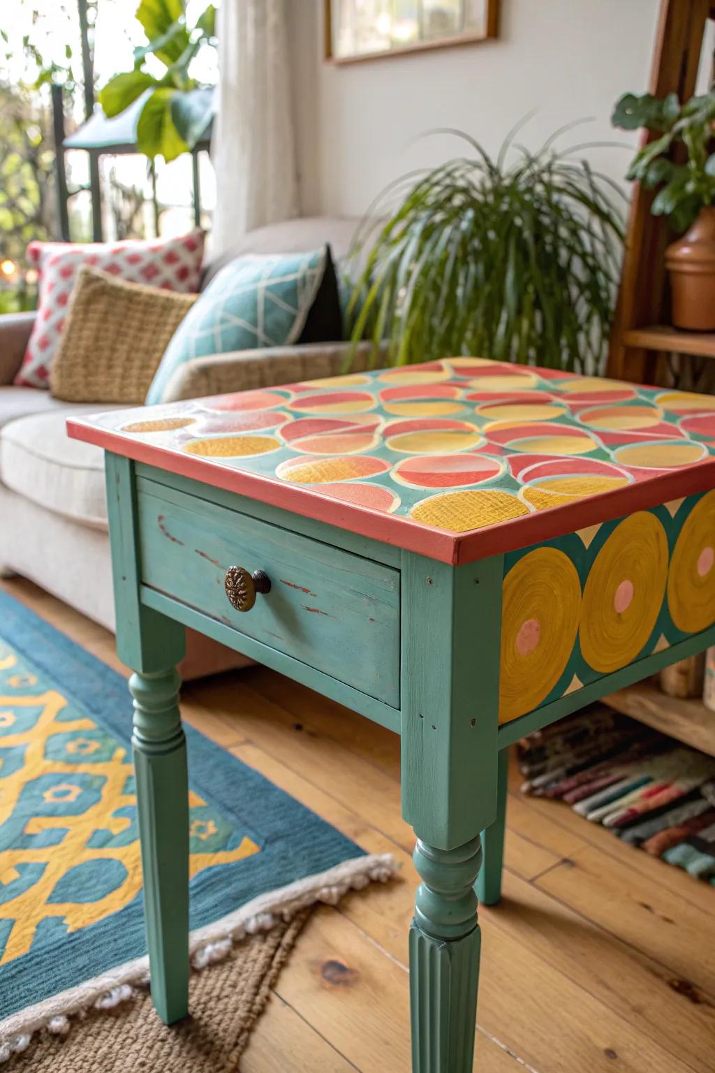 Brighten your living space with a colorful hand-painted side table, bursting with personality.