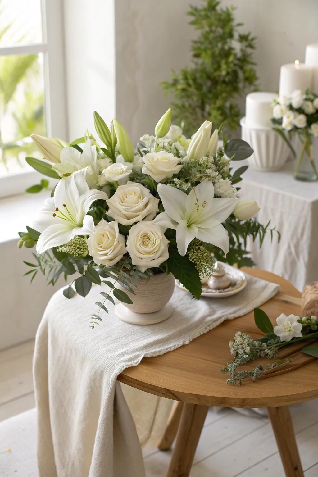 Luxurious blend: White lilies and roses create a stunning centerpiece for any special event.