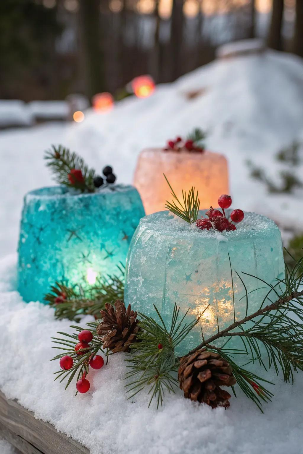 Illuminate your outdoors with enchanting ice lanterns that sparkle in the winter night. ❄️ #WinterDecor #YuleMagic