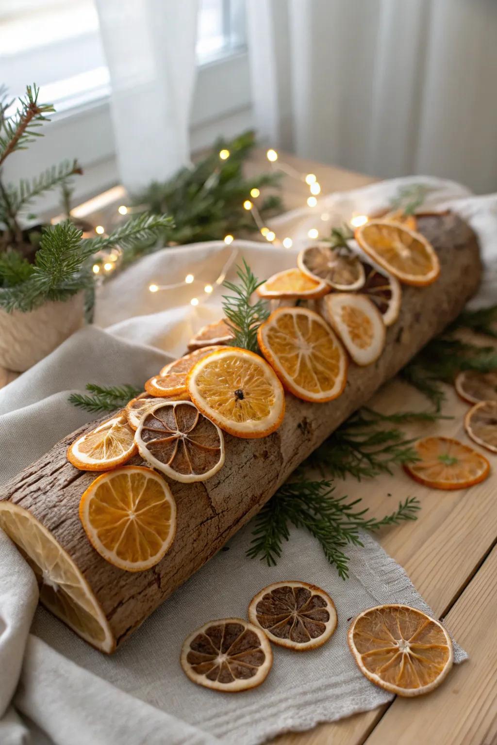 Brighten up your yule log with dried citrus slices that add both color and aroma.