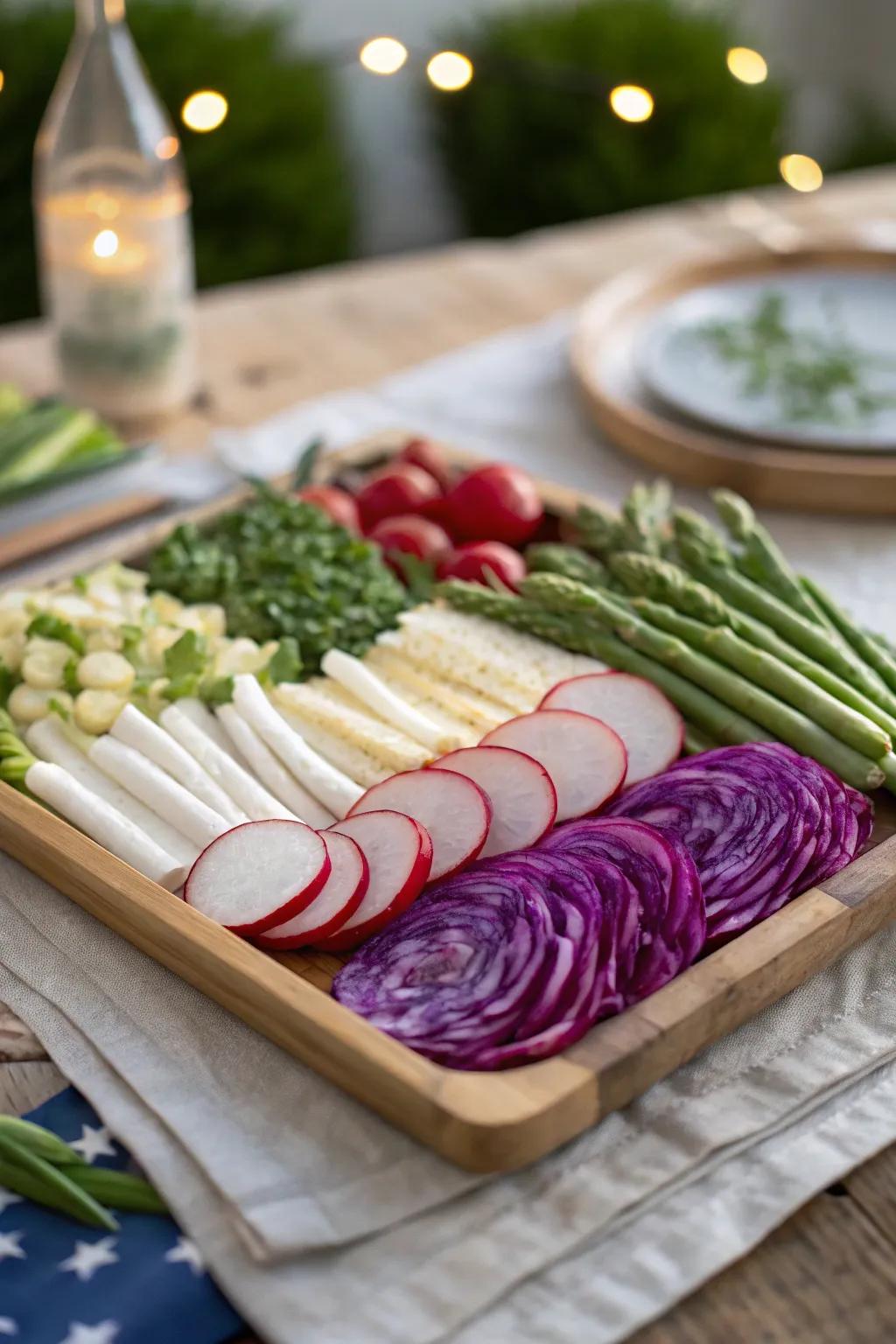 Layered to perfection, this veggie tray is a feast for the eyes and the taste buds. 🍴 #LayeredVeggies #4thOfJuly