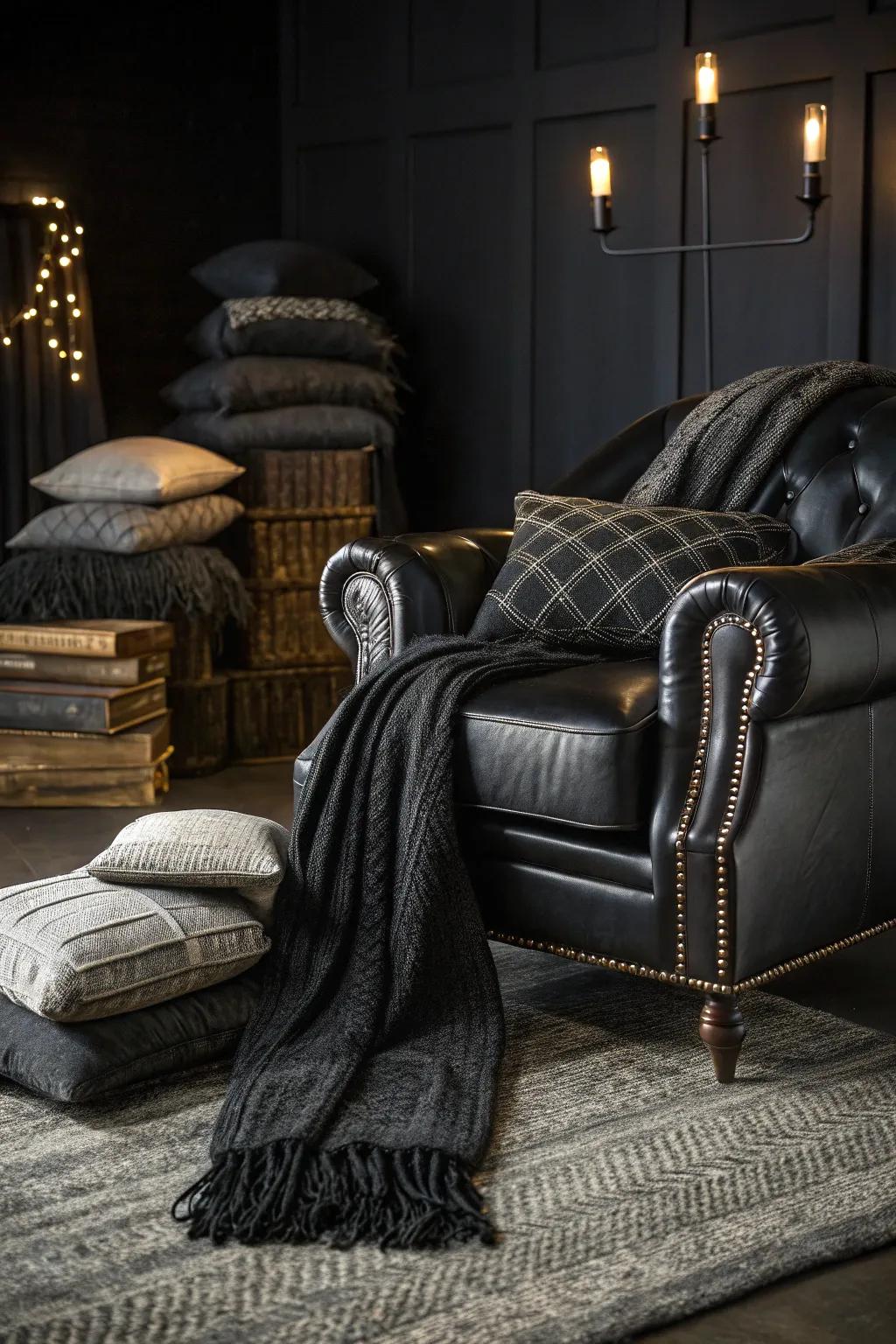 Layered textures create warmth and coziness in this inviting black living room. 🖤 #CozyHome #TexturedDesign