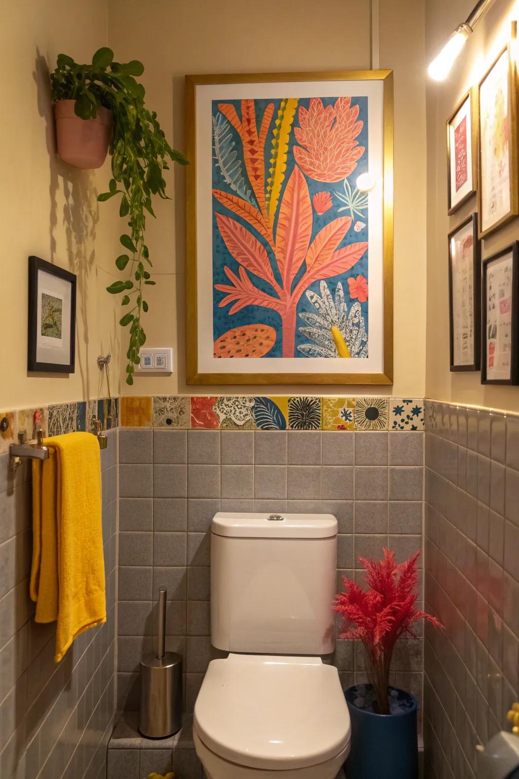 Quirky art pieces turn your bathroom into a playful and unique space. 🎉🖌️ #QuirkyArt #BathroomFun #UniqueDecor