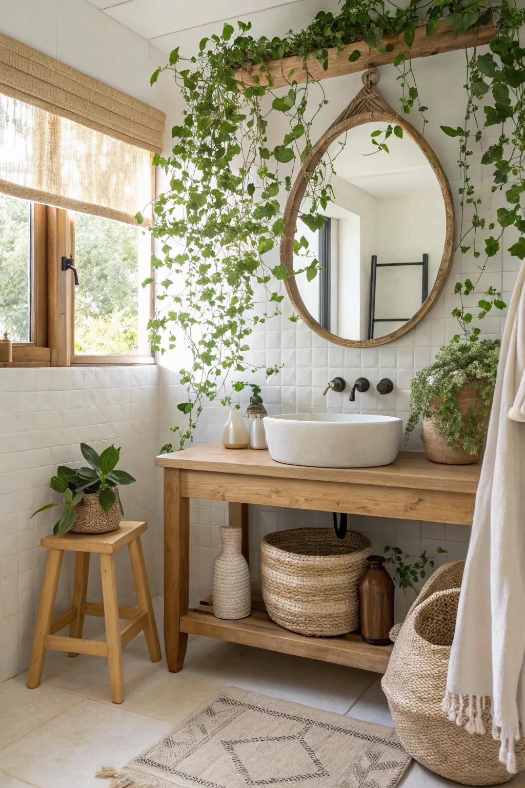 Frame your reflection with lush greenery for a magical bathroom mirror effect.