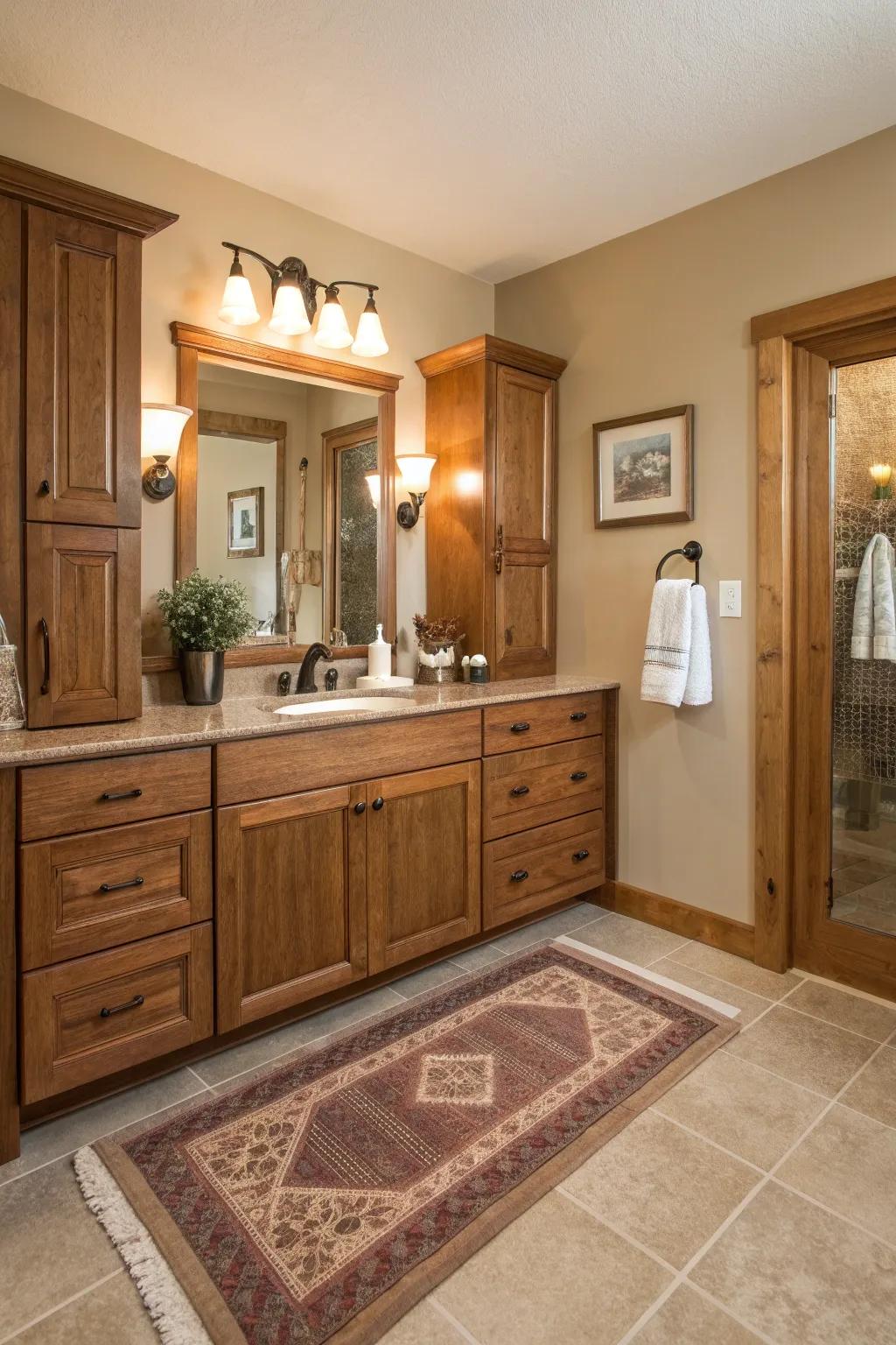 Mixing wood tones with oak cabinets creates a layered, rich look, adding depth to the bathroom.