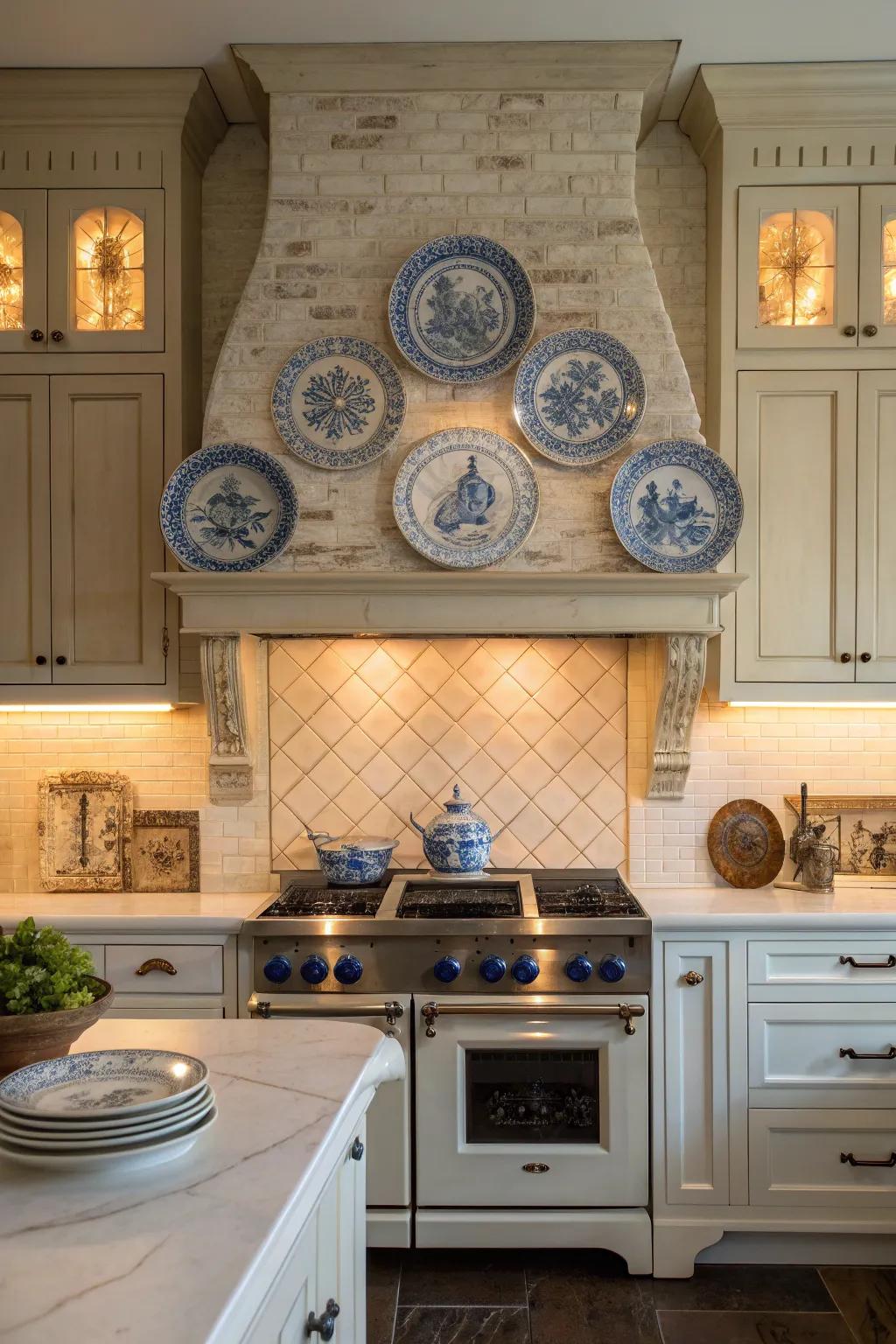 Infuse your kitchen with vintage charm by showcasing a collection of beautiful plates. 🍽️ #VintageCharm #KitchenIdeas