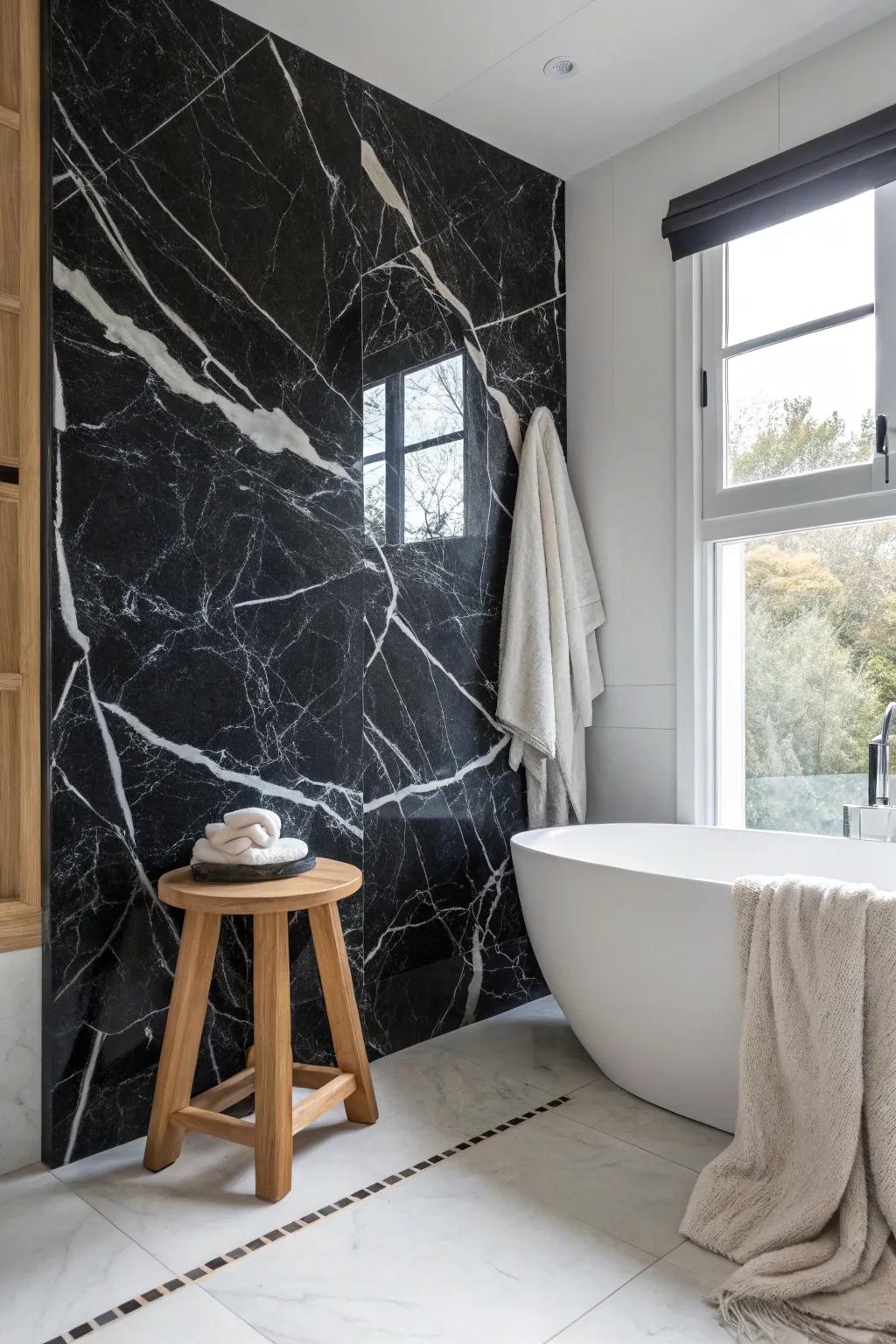 Balance the cool elegance of marble with warm wooden accents. 🌿 #WoodAndMarble #BathroomDecor #DesignInspo