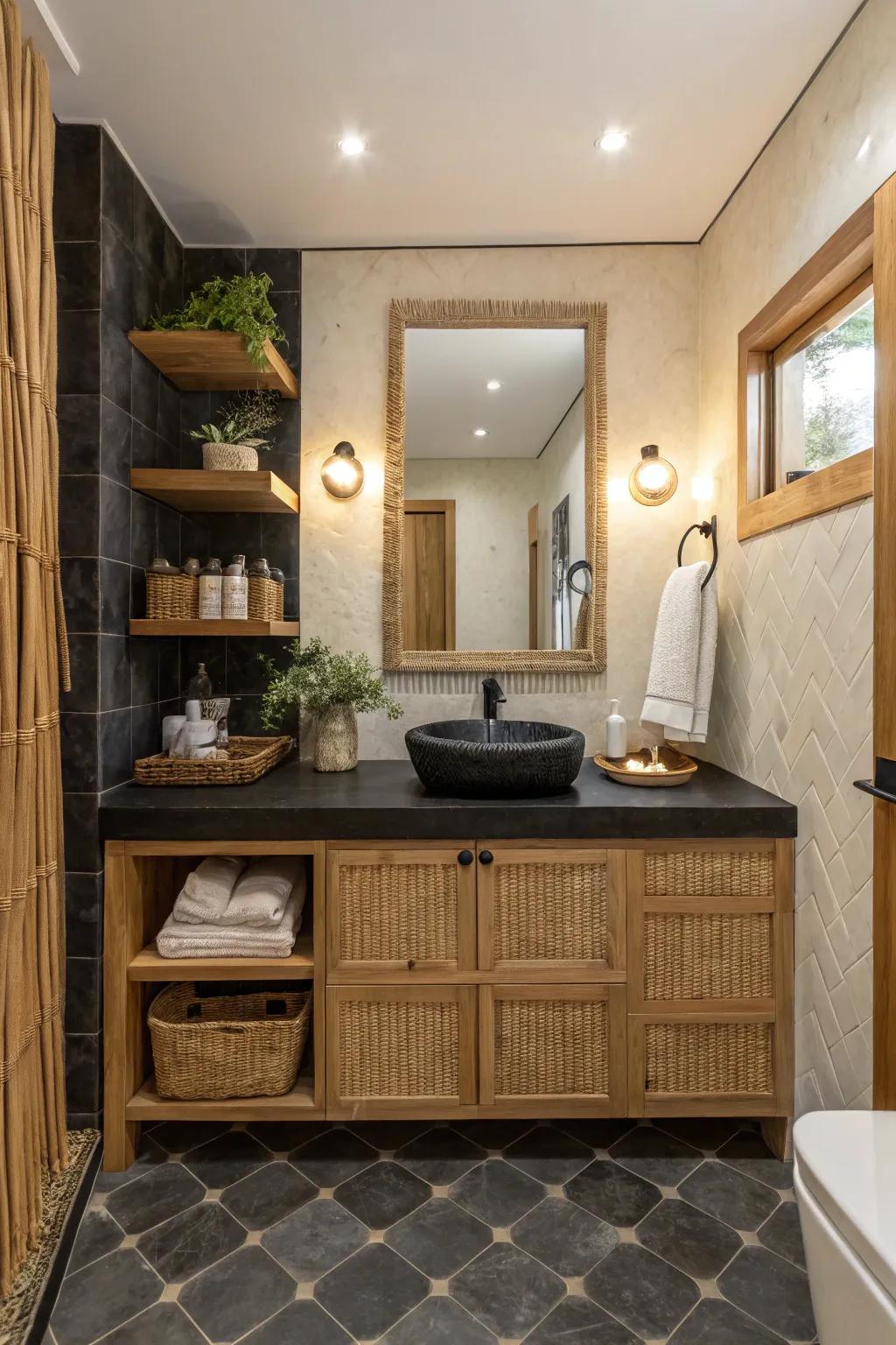 Add depth and elegance with textured finishes alongside black countertops. ✨