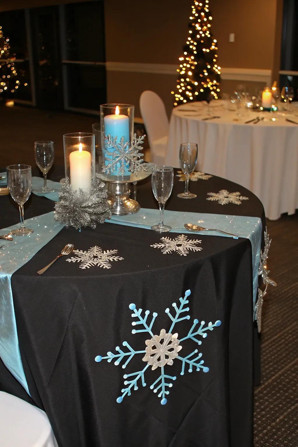 ❄️ Transform your table into a winter wonderland with icy accents on black. #WinterDecor #FestiveTables