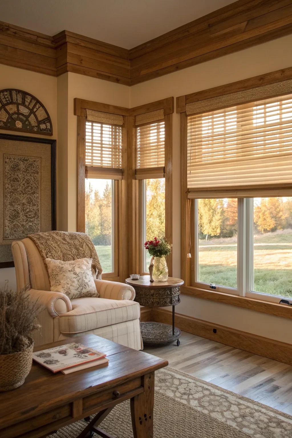 Bring rustic charm into your home with faux wood blinds.