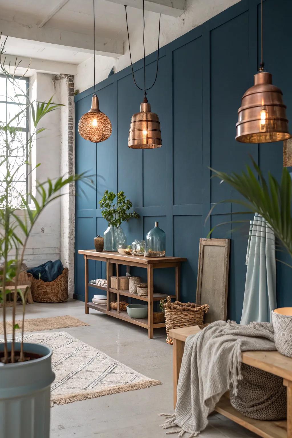 Achieve urban sophistication with a steel blue and copper palette. #LoftLiving