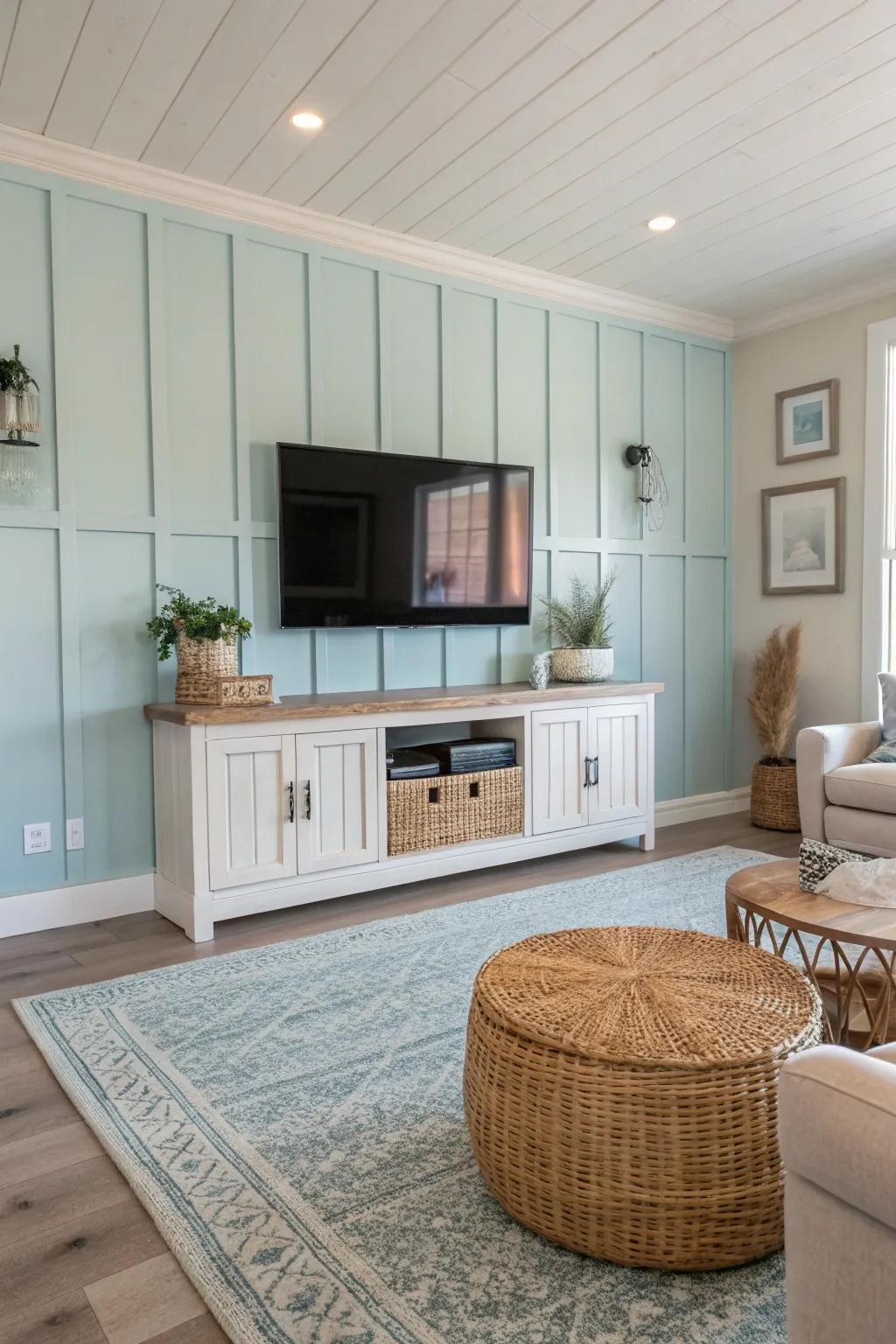 Channel coastal charm with a light blue board and batten wall, perfect for a relaxed, breezy vibe. 🏖️ #CoastalLiving #RelaxedStyle