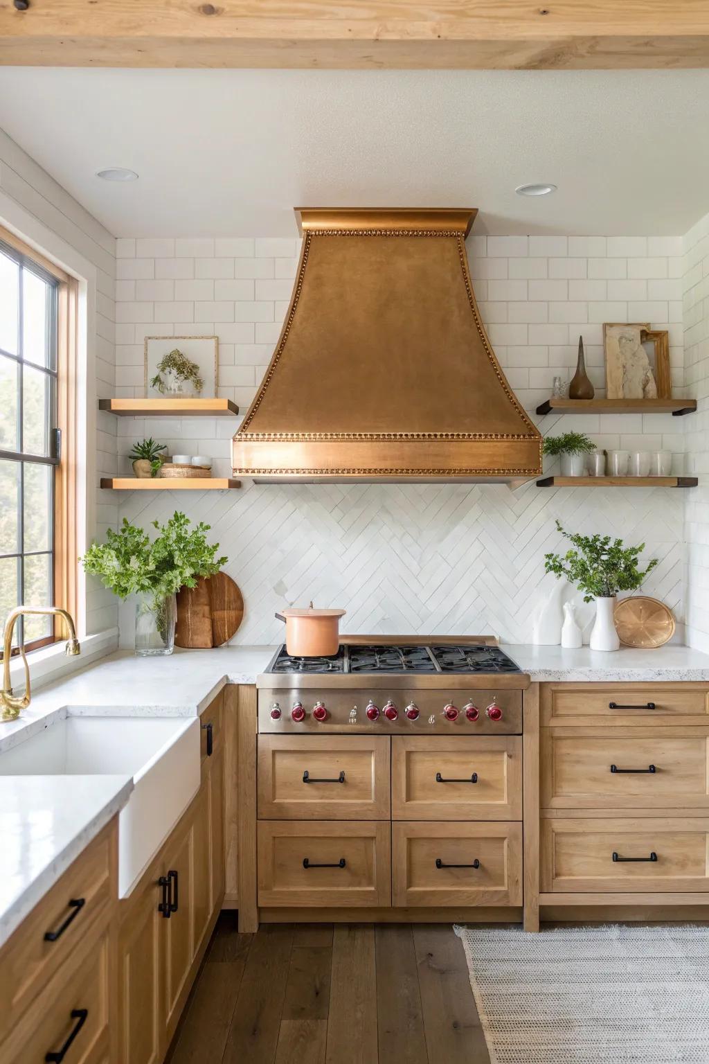 Create an eclectic focal point with a mixed metal range hood that dazzles with texture and shine.