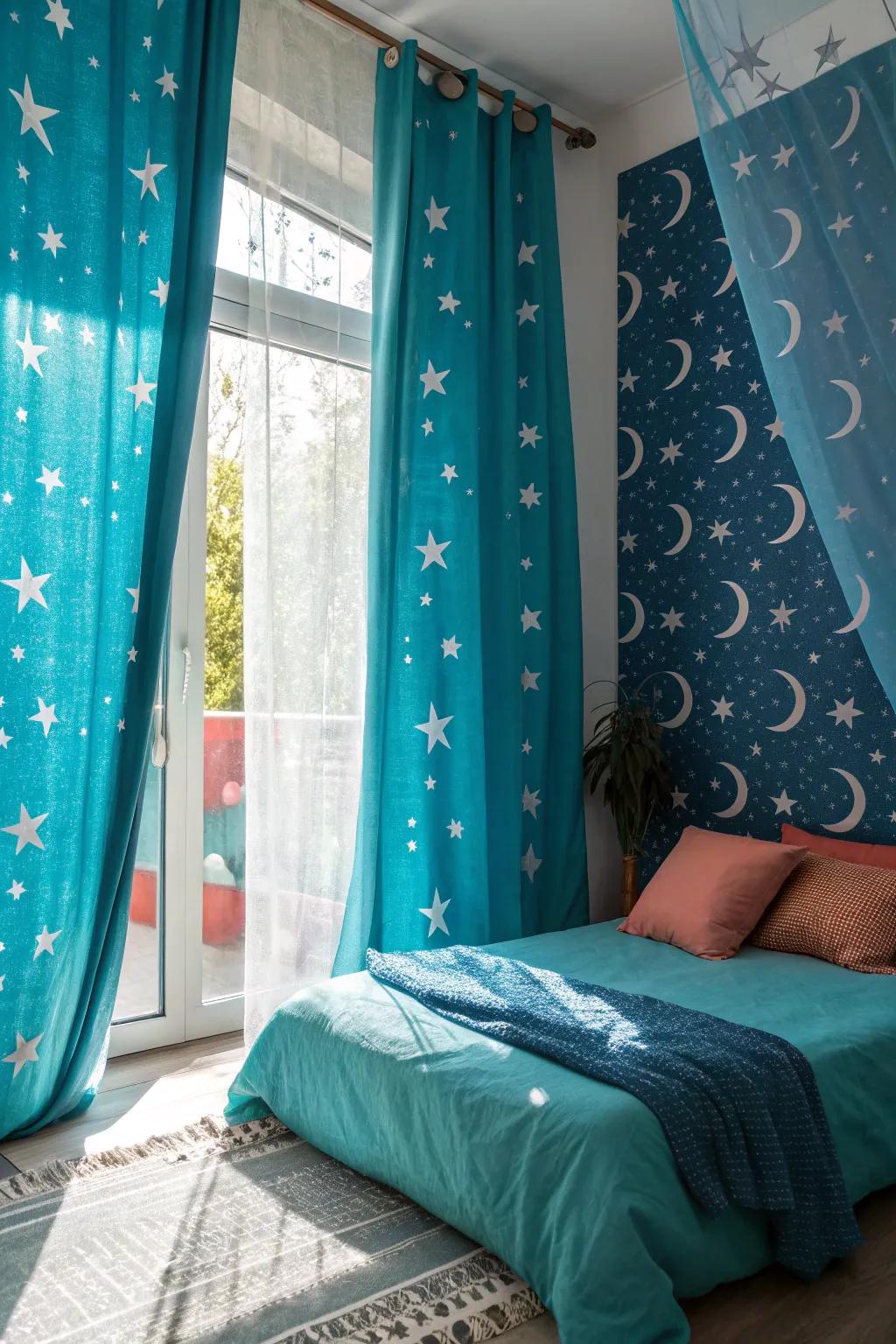 Let the moon and stars dance across your windows with curtains that offer a touch of celestial magic. 🌙 #WindowDecor #DreamySpaces