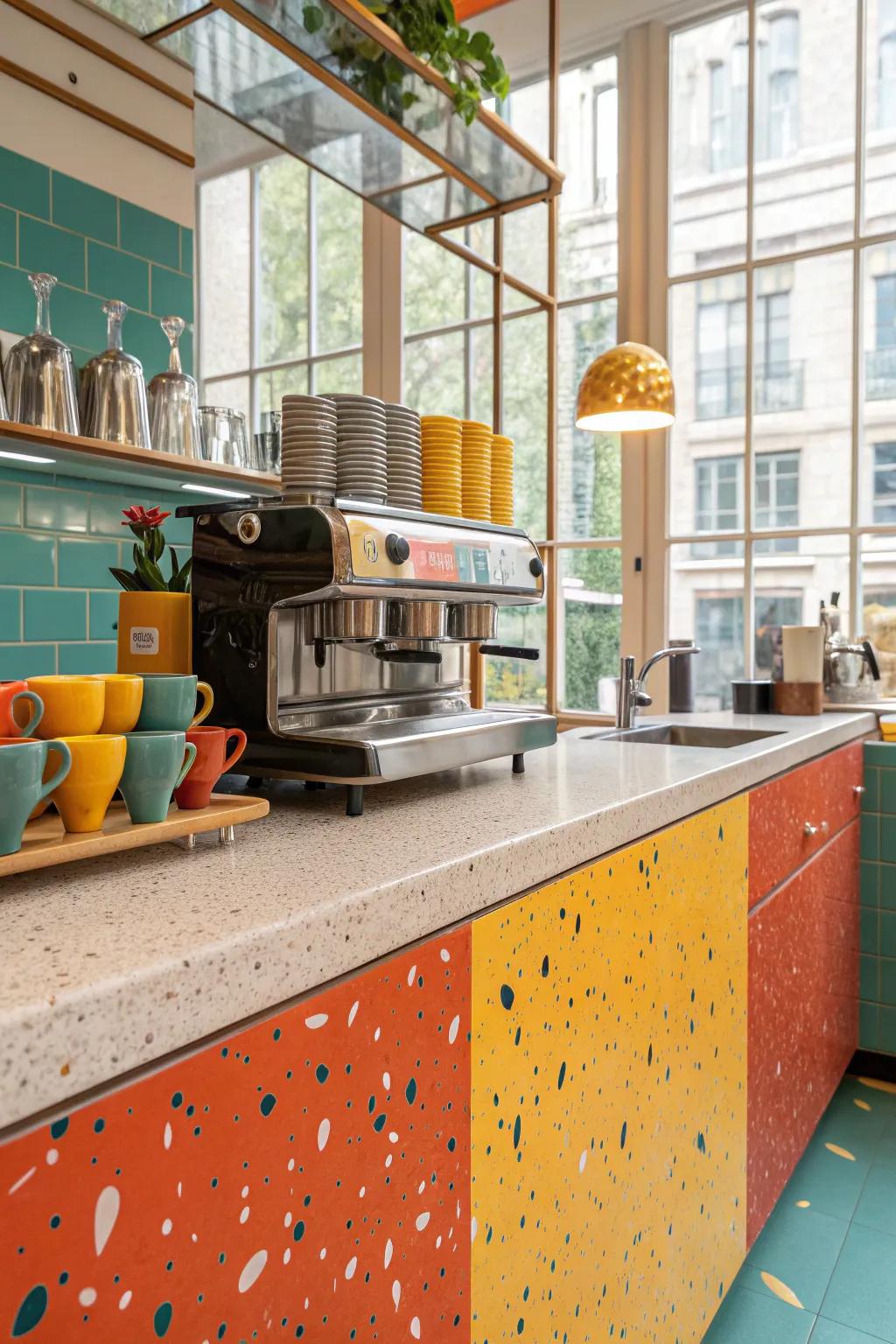 Capture a retro vibe with terrazzo tiles that add playful elegance. 🌈 #VintageStyle #CoffeeLovers
