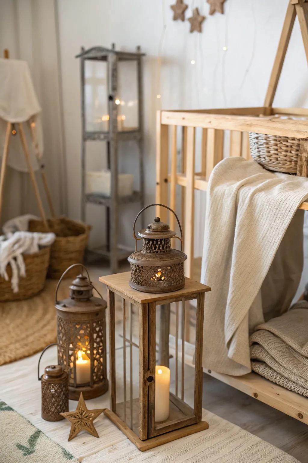 Rustic metal lanterns cast a warm, cozy glow perfect for bedtime. #LightingDesign #NurseryVibes #RusticCharm