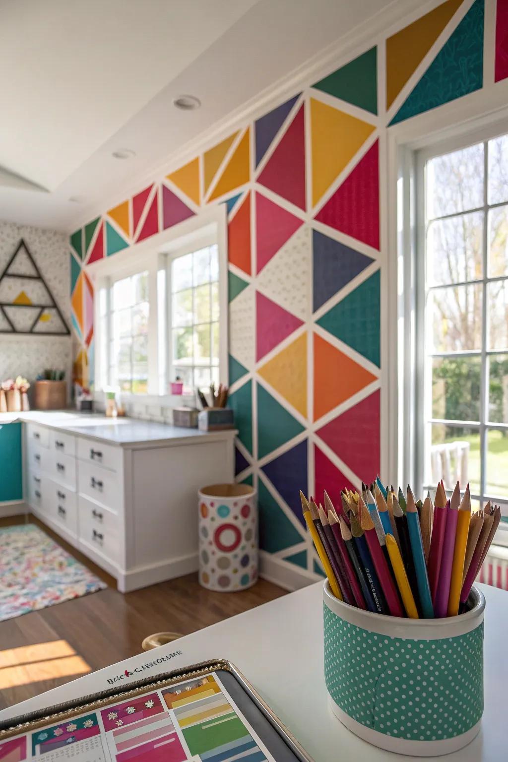 Add modern flair to your craft room with bold geometric patterns, sparking creativity and visual interest. #GeometricDesign #CraftRoomInspo