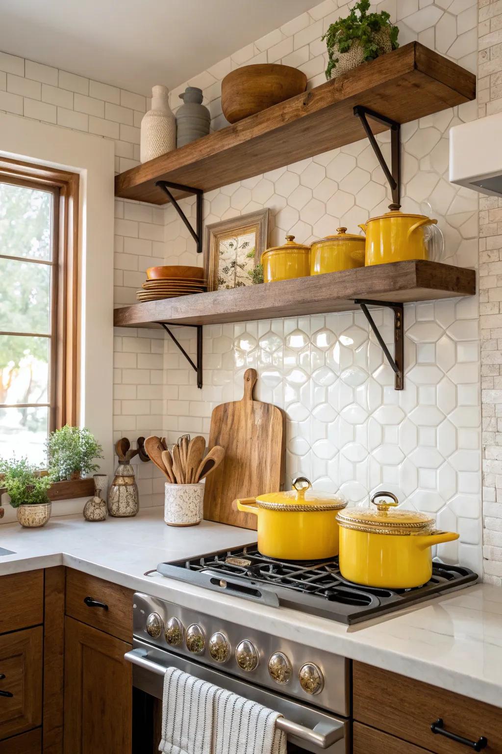Enhance warmth in your kitchen with a cream backsplash and wooden accents.