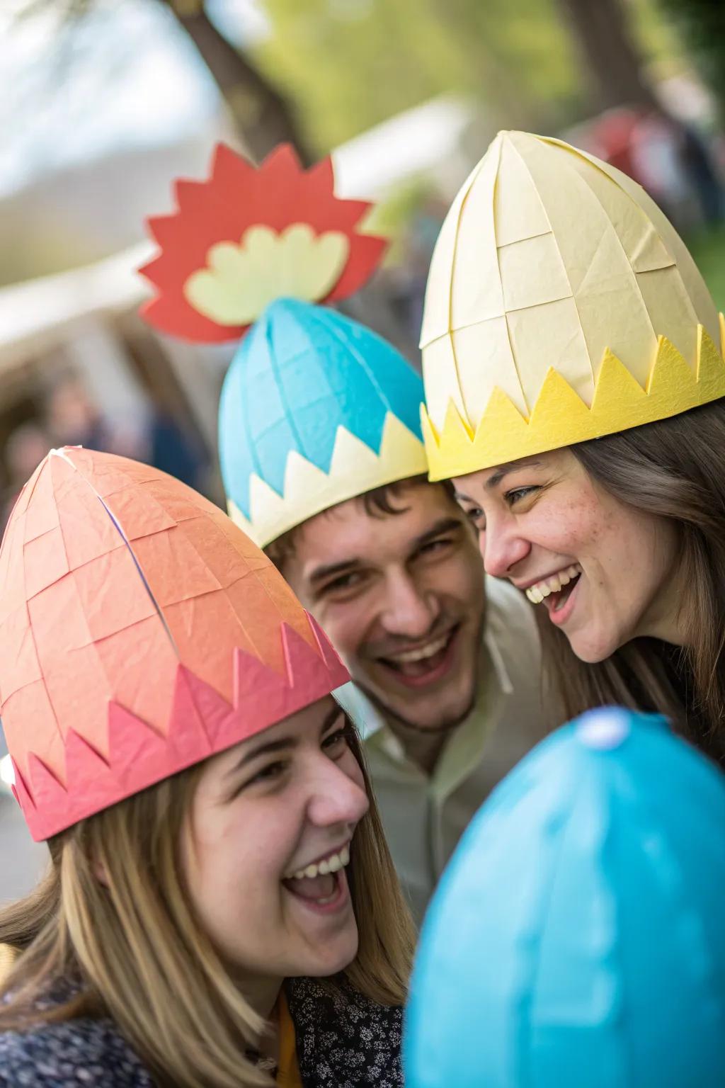 Crack up your guests with these delightful DIY eggshell hats. 🥚 #EasterDesign #FunProps