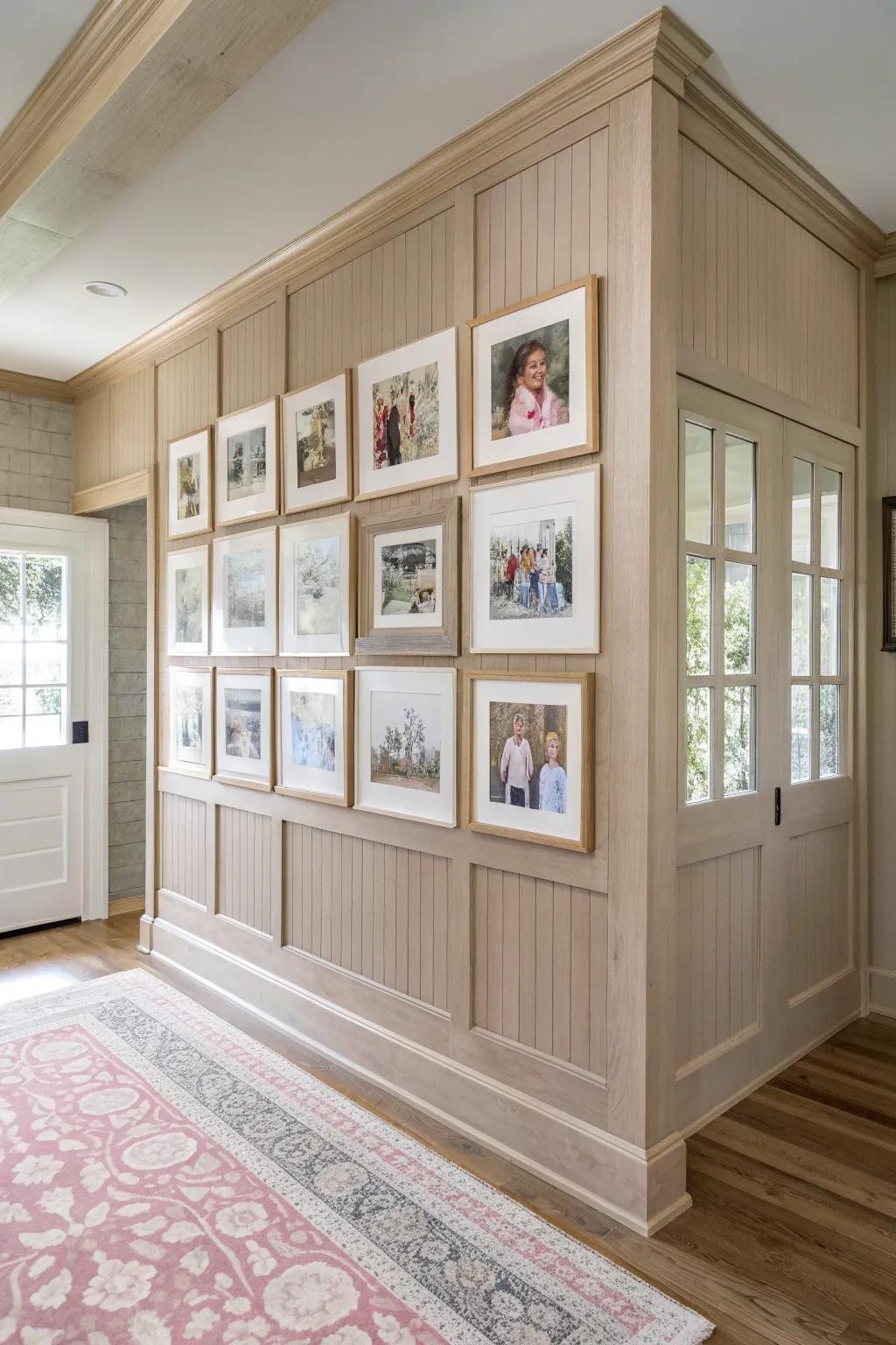 Create a feature wall with paneling and photos that adds depth and warmth to your home. 🖼️ #PanelingTrend #FeatureWall