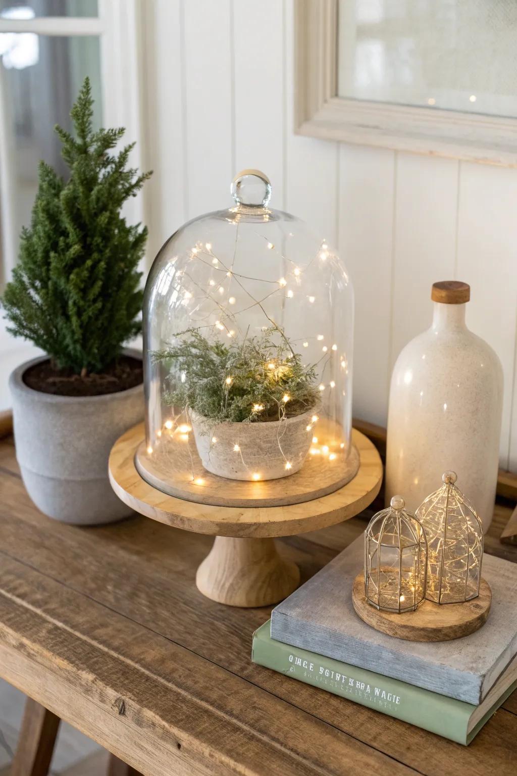 Add a touch of whimsy with fairy lights in a glass dome, casting a magical glow. ✨ #WhimsicalDecor #FairyLights