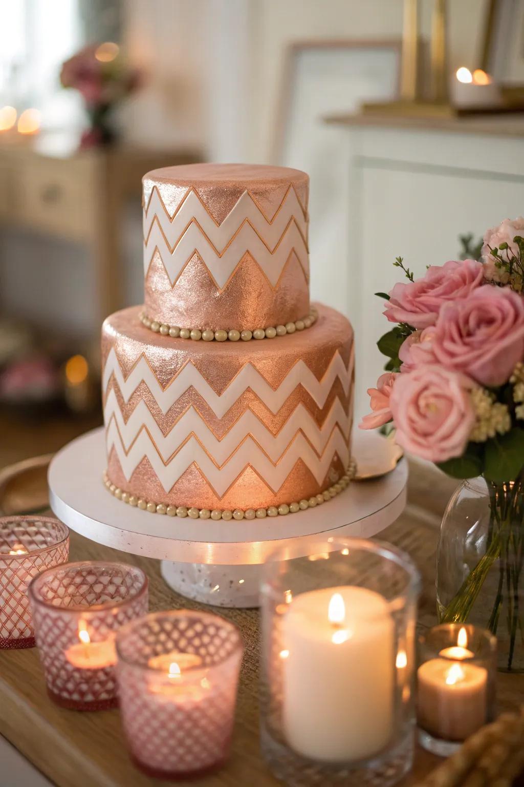 Embrace modern design with chevron patterns that speak to your stylish side. 🌟 #ChevronDesign #ModernCake #PartyIdeas