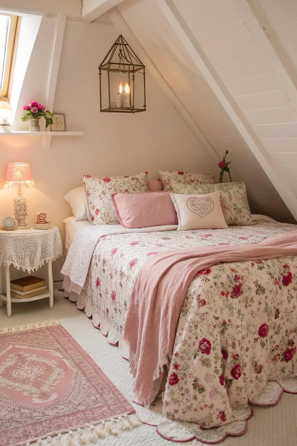 Floral patterns and pink accents bring a delightful girly charm to this attic space. 🌸 #GirlyDecor #BedroomInspo
