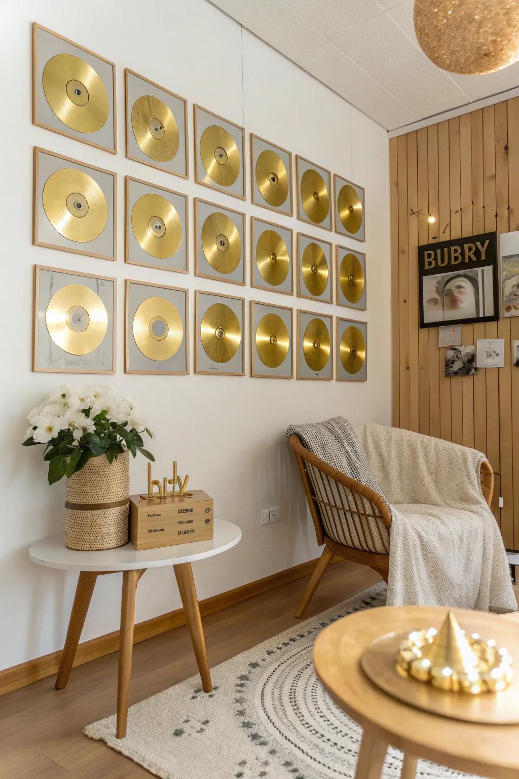 Celebrate your golden birthday with a wall of gold records that showcases your musical journey.