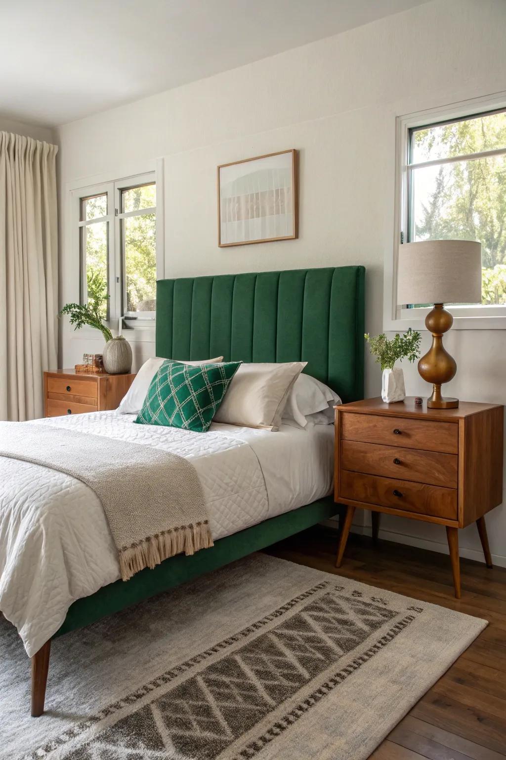 Blend the old with the new by incorporating a green headboard into a mid-century modern setting. #RetroStyle #InteriorDesign