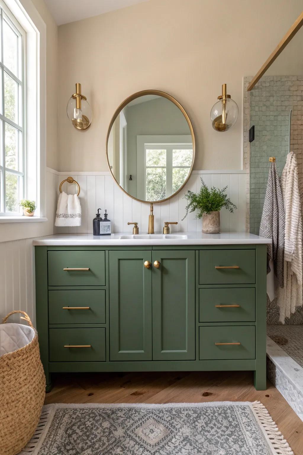 Add a touch of warmth and elegance with brass hardware on your green vanity.